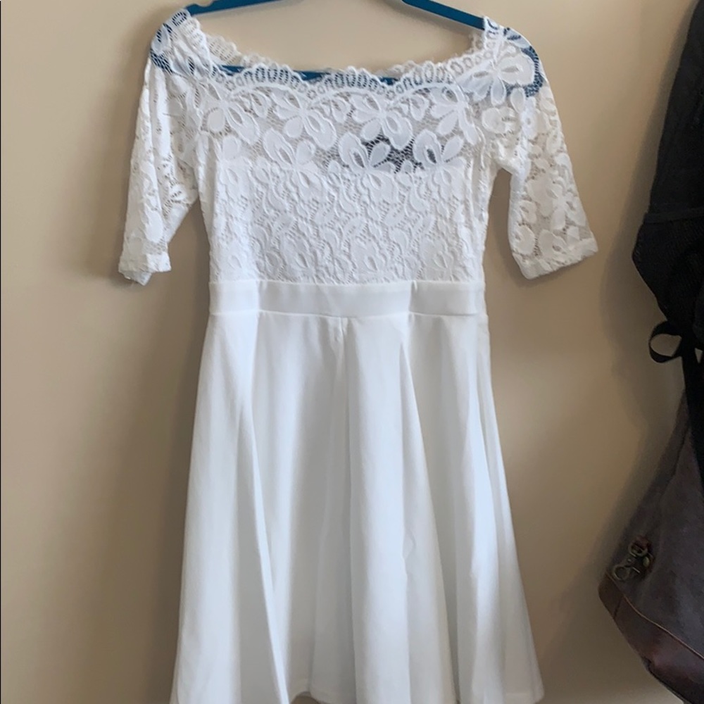 Off the Shoulder White Lace Top Fit/Flare Dress - Picture 8 of 8